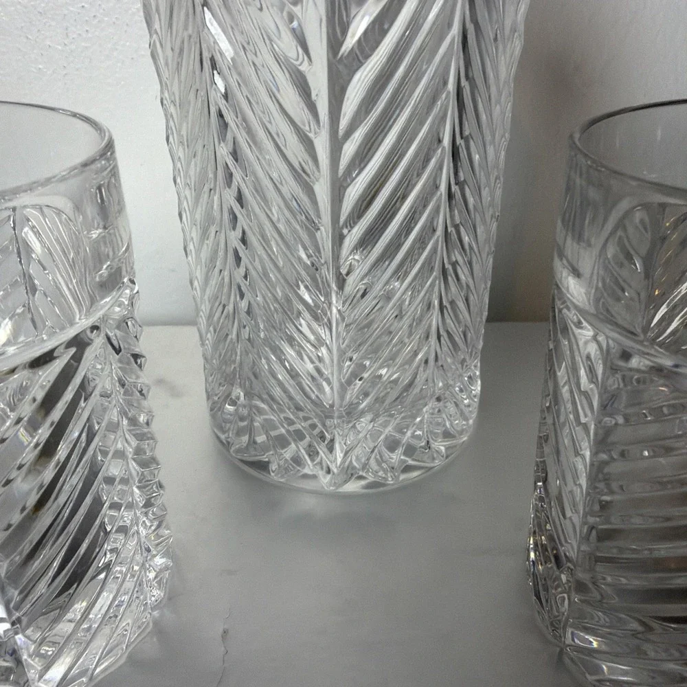 Vintage Ralph Lauren Herringbone Cut Crystal Decanter & 2 High Ball Glasses NEW